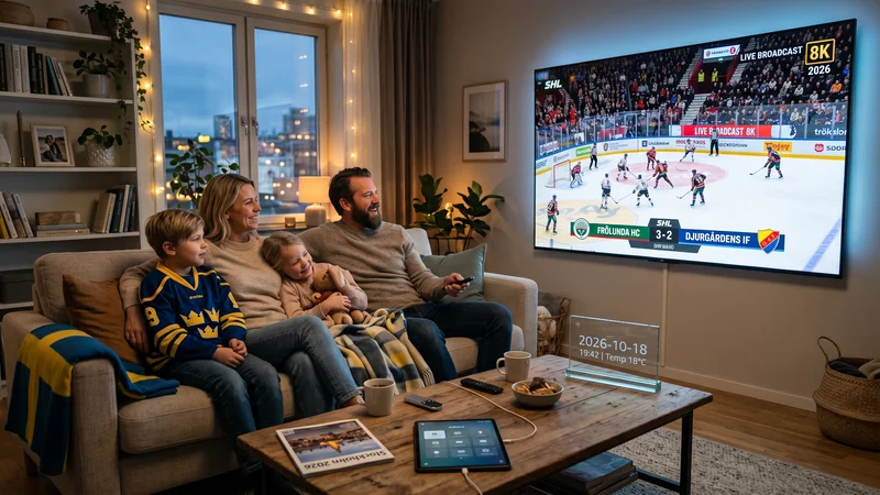 Svensk familj som tittar på högkvalitativ IPTV 2026 i vardagsrummet